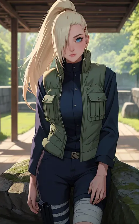 Jacket_InoYamanaka_ownwaifu,
1girl, blonde hair, hair over one eye, blue eyes, high ponytail,  ponytail, long hair, hairclip, hair ornament, earrings,  
vest, green vest, black pants, thigh pouch, bandaged leg, blue shirt, long sleeves, 
<lora:NARUTO_Kunoichi_InoYamanaka_ownwaifu:0.8> ,
((masterpiece)),((best quality)),(highres), bokeh, depth_of_field, day, tree shade, sunlight, scenery, rock, waterfall, looking at viewer, solo, cowboy shot,