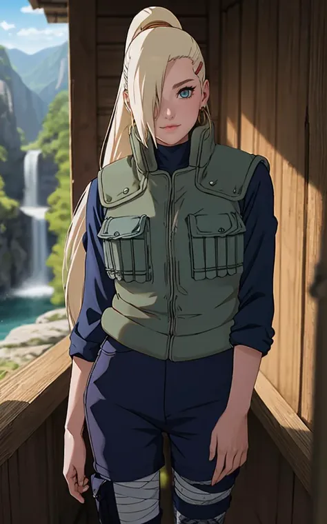 Jacket_InoYamanaka_ownwaifu,
1girl, blonde hair, hair over one eye, blue eyes, high ponytail,  ponytail, long hair, hairclip, hair ornament, earrings,  
vest, green vest, black pants, thigh pouch, bandaged leg, blue shirt, long sleeves, 
<lora:NARUTO_Kunoichi_InoYamanaka_ownwaifu:1> ,
((masterpiece)),((best quality)),(highres), bokeh, depth_of_field, day, tree shade, sunlight, scenery, rock, waterfall, looking at viewer, solo, cowboy shot,