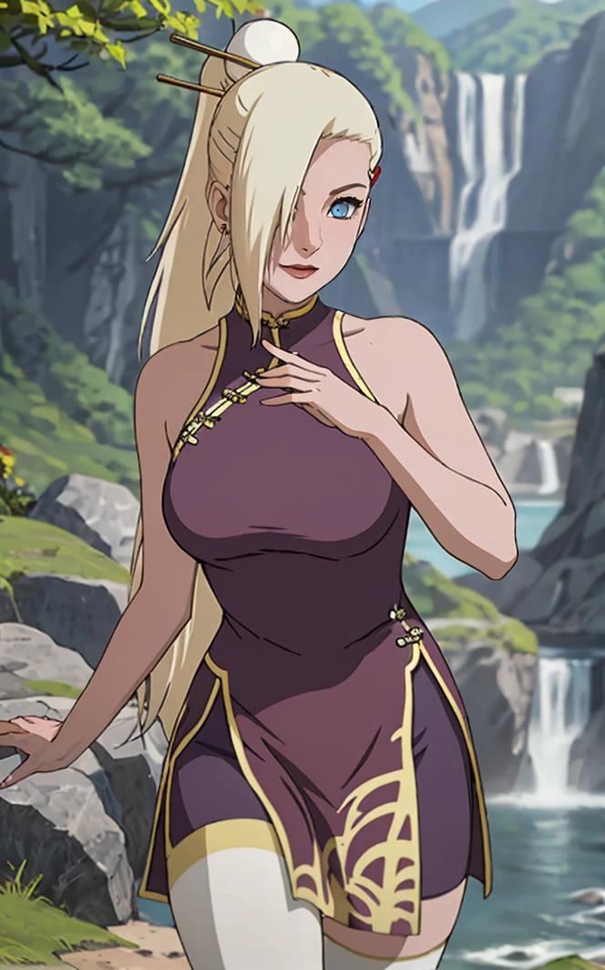 ChineseDress_InoYamanaka_ownwaifu,
1girl, blonde hair, blue eyes, hair over one eye, breasts, hair bun, long hair, ponytail, hairclip, makeup, hair stick,
purple dress, china dress, bare shoulders, jewelry, white thighhighs, sleeveless dress, zettai ryouiki, bracelet, chinese clothes,
<lora:NARUTO_Kunoichi_InoYamanaka_ownwaifu:1> ,
((masterpiece)),((best quality)),(highres), bokeh, depth_of_field, day, tree shade, sunlight, scenery, rock, waterfall, looking at viewer, solo, cowboy shot,