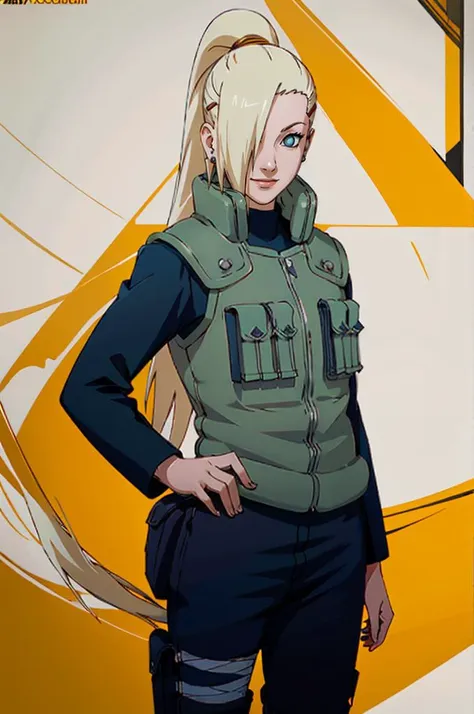 smile,  <lora:NARUTO_Kunoichi_InoYamanaka_ownwaifu:1>  Jacket_InoYamanaka_ownwaifu, 1girl, blonde hair, hair over one eye, blue eyes, high ponytail,  ponytail, long hair, hairclip, hair ornament, earrings, vest, green vest, black pants, thigh pouch, bandaged leg, blue shirt, long sleeves,, absurdres, ultra detailed, masterpiece, best quality, aesthetic, detailed,