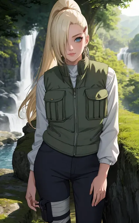 Jacket_InoYamanaka_ownwaifu,
1girl, blonde hair, hair over one eye, blue eyes, high ponytail,  ponytail, long hair, hairclip, hair ornament, earrings,  
vest, green vest, black pants, thigh pouch, bandaged leg, 
<lora:NARUTO_Kunoichi_InoYamanaka_ownwaifu:0.7> ,
((masterpiece)),((best quality)),(highres), bokeh, depth_of_field, day, tree shade, sunlight, scenery, rock, waterfall, looking at viewer, solo, cowboy shot,