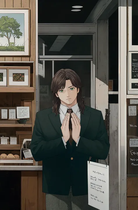 (1boy) , (male focus) ,<lora:gender_slider_v1:-3>,GS-Masculine, man, Burkinan, (Light Green eyes Round Eye Shape ), Natural eyebrows, (chestnut long hair hairstyle with no facial hair), out of shape body shape,wearing brownQuilted Jacket with chinos,<lora:ClothingAdjuster3:-0.75>, (solo focus), cowboy shot, head tilted to the side, sad , Prayer Hands, (masterpiece:1.4),(best quality:1.4),(high resolution),highres,ultra high res,absurdres,professional artwork,official art,beautiful and aesthetic,,extreme detailed,highest detailed,hard focus,detailed background,depth of field,vibrant colors,high contrast,,<lora:1epi_noiseoffset2:0.8>,,<lora:hyperrefiner_v090:0.65>,, background A bustling, 1990s Seattle coffee shop at Noonday,<lora:SenseStyle:0.8>