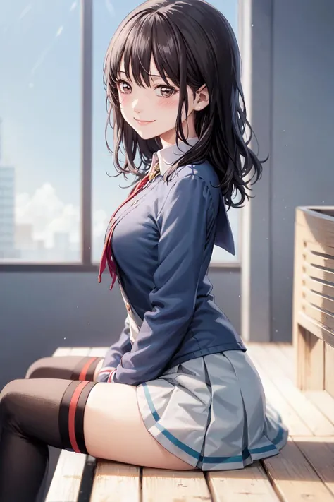 <lora:SenseStyle-000050:0.6:lbw=outall>
blush, school uniform, thighhighs,
medium hair, black hair,
sitting, from side,
smile,, (best quality:1.3),1girl,<lora:GoodHands-beta2:1>,