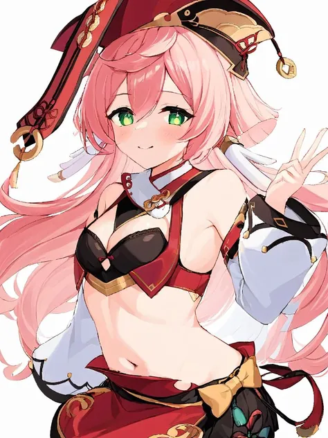 ultra-detailed,(best quality),((masterpiece)),(highres),original,extremely, <lora:yanfeix_xl:1>ï¼(\yan fei\), 1girl, yanfei \(genshin impact\), solo, breasts, pink hair, cleavage, smile, navel, long hair, midriff, looking at viewer, white background, red headwear, detached sleeves, bare shoulders, simple background, skirt, crop top, hair between eyes, stomach, long sleeves, sitting, green eyes, black bra, bangs, red skirt, underwear, bra, small breasts, antlers, thighs, hat, blush, white sleeves, horns, arm support
