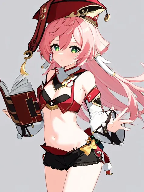 ultra-detailed,(best quality),((masterpiece)),(highres),original,extremely, <lora:yanfeix_xl:1>ï¼(\yan fei\), 1girl, solo, yanfei \(genshin impact\), book, pink hair, holding book, long hair, holding, red headwear, green eyes, looking at viewer, midriff, simple background, hair between eyes, detached sleeves, bangs, navel, white background, cowboy shot, bare shoulders, long sleeves, parted lips, breasts, crop top, small breasts, shorts, standing, hat, sidelocks, cleavage, stomach, black shorts, antlers