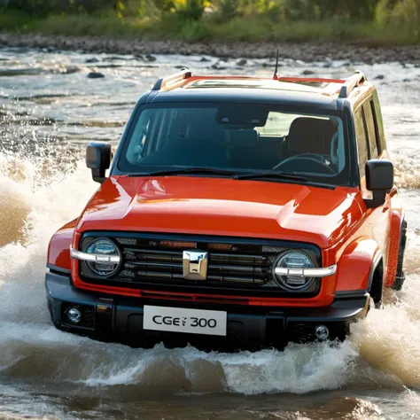 a gwm tank 300 from the front view driving in the (river:1.2)<lora:GWMTank300:0.7>