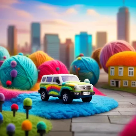 <lora:w00len:0.7> <lora:GWMTank300:0.5> w00len, a wool fluffy colorful(gwm tank 300 : 1.0) in front of a woolen colorful city, octane renderer, a tilt shift photo, net art, wide angle shot