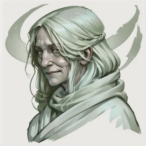 <lora:dnd_portrait:0.7> , illustration, concept art, in the style of greg rutkowski, portrait, light green eyes, long white hair, soldier, calm smile , old, human, woman , druid, 1 woman, wrinkles, very old, sage