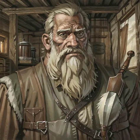 <lora:dnd_portrait:0.7> illustration, concept art, portrait, rugged village hunter, middle-aged man, sturdy build, weathered face, short beard, wearing practical hunting gear, leather armor, stern expression, cautious eyes, Caucasian, holding a tankard, indoor tavern setting, rustic and earthy tones, seasoned by years in the wilderness, taciturn but knowledgeable, surrounded by wooden beams, simple yet reliable, hunter, bow