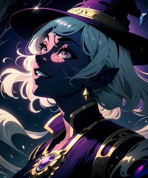 (artwork:1.2),(lineart:1.33),eldery,1woman,portrait female dark skin mature elf woman sorceress with pink eyes and sky blue curly hair in moonlit forest,close-up,laughing,starry purple robe,point dark blue heavy-hat(hyperdefined),(inked-art),cerulean blue,violet tones,sensual-angle,cartoon,epic high aesthetic,complex lighting,(flat colors),ultradetailed,(fine-details:1.2),absurdres,(atmosphere) <lora:beaut eyes:1>
