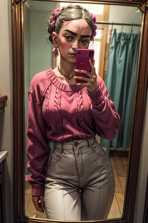 Frida kahlo, mirror selfie, shot with iphone, solo focus, pink sweater, <lora:add_detail:1>