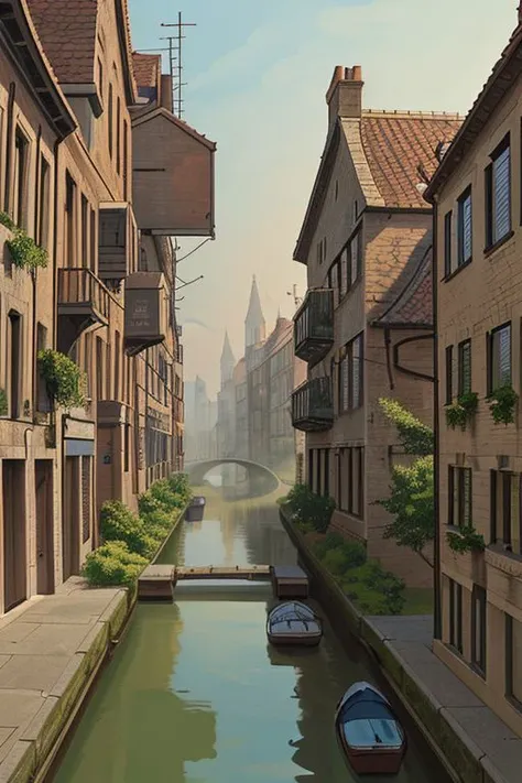 European comic book style, A street by a canal, European city, old brick and stone houses, maximalist, highly detailed, complex, serene, peaceful, crumbling, inhabited, water, mist, perfect composition, high quality, a masterpiece