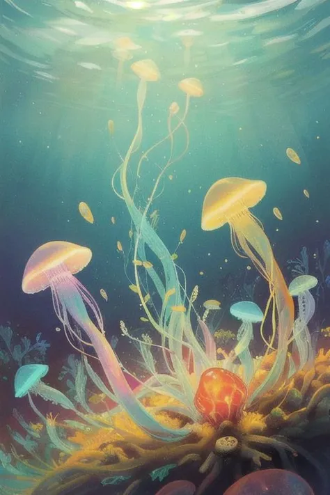 a bunch of jellyfish lost inside an unknown ecosystem all in different colors, glowing, glimmers, sparkels