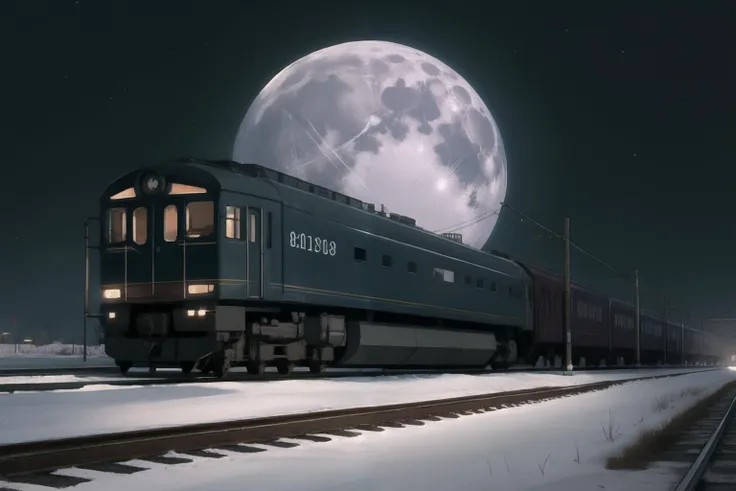 (masterpiece, 8k, by Greg Rutkowski:1.3), gloomy night, moon, modern train coming, snowstorm, hdr, (intricate detailed:1.5)