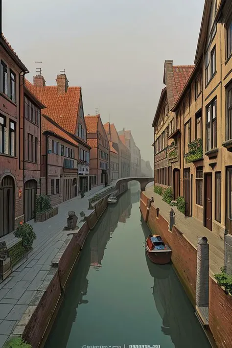 European comic book style, A street by a canal, European city, old brick and stone houses, maximalist, highly detailed, complex, serene, peaceful, crumbling, inhabited, water, mist, perfect composition, high quality, a masterpiece