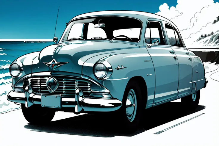 (inked original-art:1.2), (lineart:1.31), (fine-details:1.3) illustration of a HudsonHornet, a pale blue car driving on a pacific coast highway