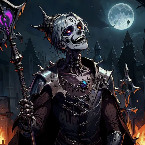 (finished masterpiece male necromancer using unholy magic),medieval fantasy,skinny,decrepit,dirty,ghoulish,tattered robes with metallic details,(metallic half mask:1.2),holding long metallic staff,magical aura,(skeleton:0.9),(zombie:0.9),maniacal laughter,cemetery background,close up portrait,moonlight,ominous atmosphere,head tilted back,mouth open