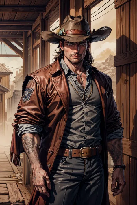 Nsfw , naked solo man ,8k, high quality , detailed face , detailed fingers ,detailed muscles, detailed cock , stephen amell wearing a cowboy outfit , unbuttoned vintage pants, shirtless, showing balls and a flacid cock, , wearing a vintage cowboy fancy hat , a vintage belt with gun ,showing a dark blond short hair , a thick facial hair , hard nipples, ,hunk and handsome, laying back in the hay in a stable , spread legs , volumetric lighting, Masterpiece detail stable