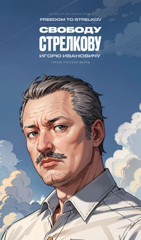 (artwork:1.2), (lineart:1.33), (strelkov:1.1) portrait, close-up, (oldman:0.9), (proud:1.2), brown and gray eyes, (serious:1.2), bald spot, fringe, (chubby face:1.2), (stern look:1.2), white shirt, short gray hair, looking at viewer,
blue sky, white clouds,
<lyco:strelkov:1.0> , (hyperdefined), (inked-art), complex lighting, (flat colors), ultradetailed, (fine-details:1.2), absurdres, (atmosphere)