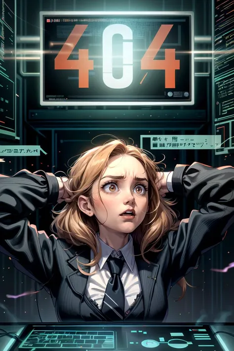 (best quality, artwork:1.3), an office girl, office shirt, hands behind head, (tousled hair:1.4), (surprised:1.4), tie, long sleeves, office, broken computers, broken monitors, displays, alert, (smoke, fire, lightnings, sparks:1.2), error, glitch, hackedtech, (bold contours, bold outlines, lineart:1.2)  <lora:add_detail:0.65>  <lora:HackedTech-20:0.6>