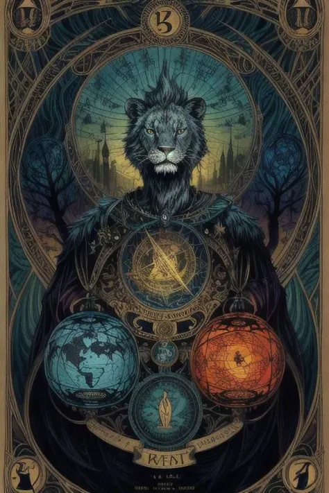 pen and ink, liquid ink, best quality, double exposure, vintage triadic colors, "THE LION" tarot card, eerie and detailed image, Craola, Dan Mumford, Andy Kehoe, 2d, plan, vintage, art in cracked paper, patchwork, detailed storybook illustration, cinematic, ultra highly detailed, mystical, luminism, vibrant colors, complex background<lora:xl_more_art-full_v1:0.5>