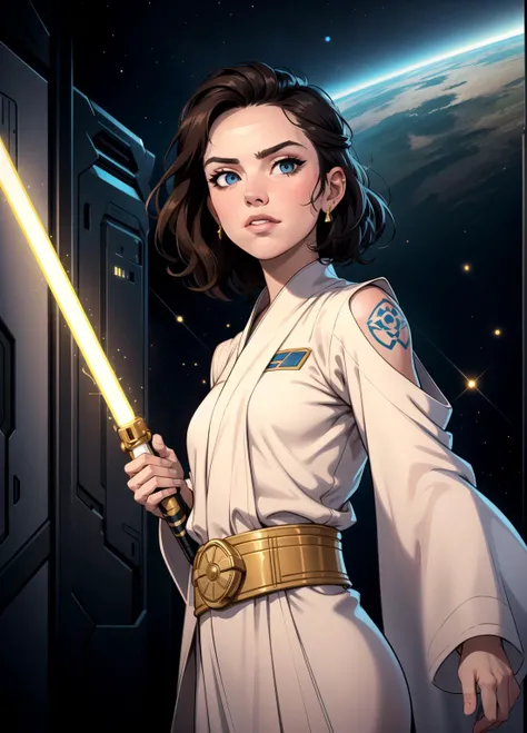 (artwork:1.2), (lineart:1.33), [Daisy Ridley:Koh_DaisyRidley:1], Rey Skywalker with pearlescent skin holding gold light saber in white robe outfit, attractive beautiful face, bright eyes, in a spaceship, serious glare, (hyperdefined), (inked-art), epic, gold blue tones, space, cartoon, science fiction aesthetic, dramatic lighting, (flat colors), ultra detailed,(fine-details:1.2), absurdres, (atmosphere), full shot, 8k, photorealistic, best quality, skin details