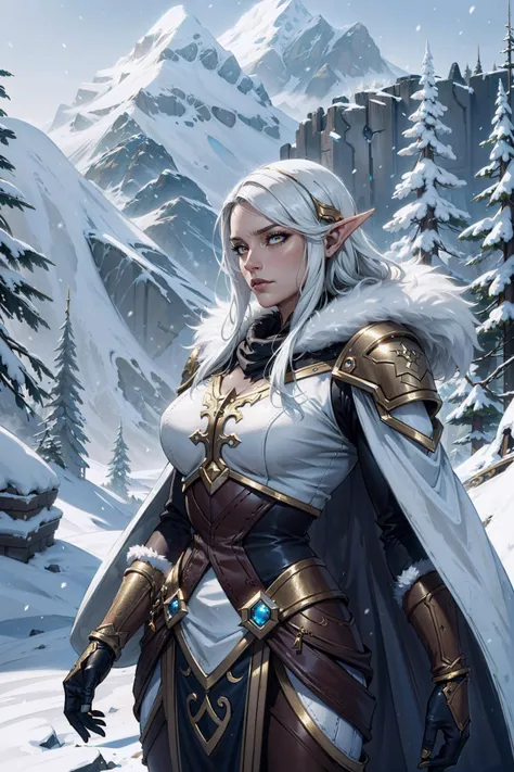 masterpiece, best quality, night elf (warcraft), 1 girl, forest, stone ruins, highly detailed, elven ranger, sharp features, leather armor, hunter, crescent symbol, white and blue theme, stern expression, winter, 4k, pack on back, leather gloves, highly detailed  fit, seasoned warrior, clear glowing white eyes, heavy fur-lined cloak, textured brush strokes, contrasting light, chilled, mountainous expanse, rocky overhang, fine details, snowing, Fantasy theme, icicles, <lora:World Morph - Orokin Tech (Warframe) - v1.0 [navimixu]:0.6> orokintech, smooth, gold, scifi