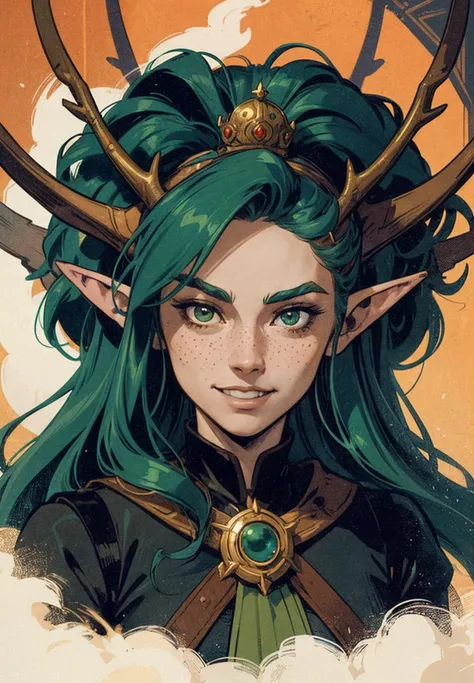 (exciting graphic novel style:1.3), portrait, an elf princess with a (snob grin, teeth.1.2), messy green hair, tiara, antlers,crown and medallions, noble velvet black dress, surrounded by mist,orange and red backlight, steam, (playful charismatic), strong complex light, contrast shadows, in front of a chaotic porta