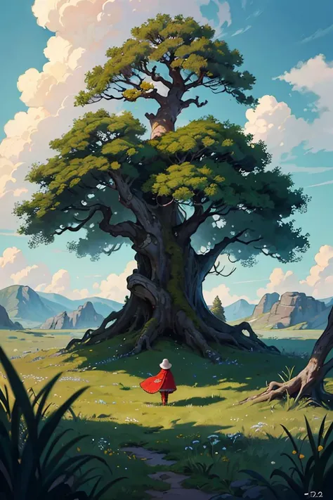 ((masterpiece:1.2, concept art, highest detail, best quality)),welcoming,Red Riding Hood in front of magnificent gnarled ancient meandering tree with intertweened meandering roots,filigree branches,mighty oak,gnurly burl,wood grain,wrinkled pine bark,rust,shadow play,mystic forest background, light breeze, immaculate green foliage,dendrarium,not so arid,magic mushroom harvest,plush grass,moss,bliss,blue skies with billowing cumulus clouds,(intricate details),perfect tetradic colors,amazing epic illustration,realistic,cuteism overload, digital ink sketch painting by Wonkeyman
