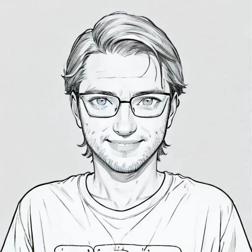 1boy, solo, (satskm:1.2), glasses, smiling, looking at the viewer, portrait, focus on face, lineart, monochrome, plain teeshirt, plain background, <lora:animeoutlineV4_16:1> <lora:Satanos:1>