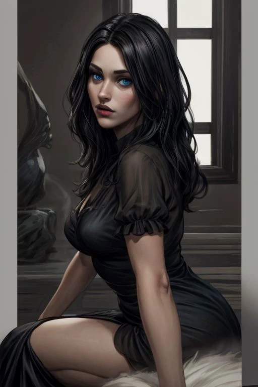 1girl,  black hair, blue eyes, small perfect round breast, amazing pert butt, long hair, a  closer view, pov, OverallDetail, easynegative, cdetailed face, dark theme, mysterious atmosphere, with a haunting, mist,  ghosts are flying around, shrouded and darkness, tall female, art, <lora:wolong_v1-000012:0.4> close up, black dress, at home, sitting near the fireplace, big window