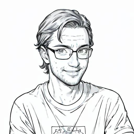 1boy, solo, (satskm:1.2), glasses, smiling, looking at the viewer, portrait, focus on face, lineart, monochrome, teeshirt, plain background, <lora:animeoutlineV4_16:1> <lora:Satanos:1>