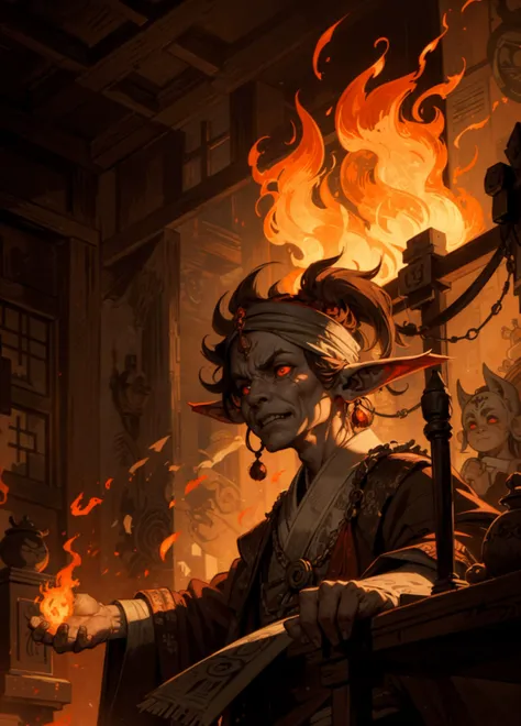 portrait from below, old and ugly gritty red gargoyle with long ears and fangs looking away,old caricature, wrinkles, scars, red glowing, jewelry, turban, animalistic anatomy, rich, in an japanese temple, warm light, fire and flames, chaos, particles, forced perspective, angry, rage