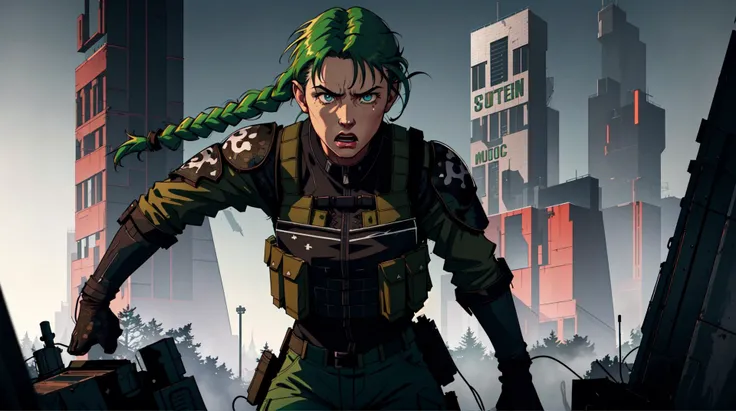 soldier,cargo pants ,(1girl:1.2),perfect eyes,green hair braid,(black bulletproof vest:1.2) in fight from below,(depth),(movement:1.3),epic scene,(angry determination),(hyperdefined),,blurry background ,volumetric lighting,Canon50,Cinematic, colorful, highly detailed, high resolution, ray tracing reflections, dramatic lighting, 8k vibrant colors, detailed acrylic, intricate complexity, soft natural volumetric cinematic perfect light,gloomy, moody, ultra realistic, ultra detailed, photorealistic, (foggy background, epic realistic, rutkowski, hdr, intricate details, hyperdetailed, cinematic, rim light),sfw,(thin-lines),(fine-details:1.3),RAW-format,emotional,(muted-colors),(inked original-art:1.2), (lineart:1.31)