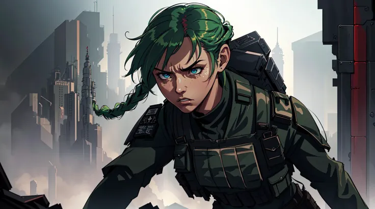 soldier,cargo pants ,(1girl:1.2),perfect eyes,green hair braid,(black bulletproof vest:1.2) in fight from below,(depth),(movement:1.3),epic scene,(angry determination),(hyperdefined),,blurry background ,volumetric lighting,Canon50,Cinematic, colorful, highly detailed, high resolution, ray tracing reflections, dramatic lighting, 8k vibrant colors, detailed acrylic, intricate complexity, soft natural volumetric cinematic perfect light,gloomy, moody, ultra realistic, ultra detailed, photorealistic, (foggy background, epic realistic, rutkowski, hdr, intricate details, hyperdetailed, cinematic, rim light),sfw,(thin-lines),(fine-details:1.3),RAW-format,emotional,(muted-colors),(inked original-art:1.2), (lineart:1.31)