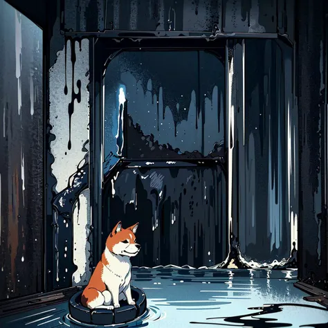 analog style,
(Shiba Inu wearing a raincoat is sitting on a chair in flooded house),
(sad), rain, (burnt black house:1.5),
Highly Detailed, (Ultrarealistic:1.3), (Blue hue:1.3),