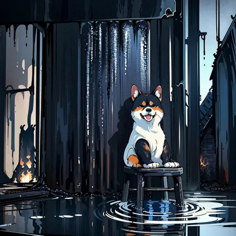 analog style,
(Shiba Inu wearing a raincoat is sitting on a chair in flooded house),
(sad), rain, (burnt black house:1.5),
Highly Detailed, (Ultrarealistic:1.3), (Blue hue:1.3),