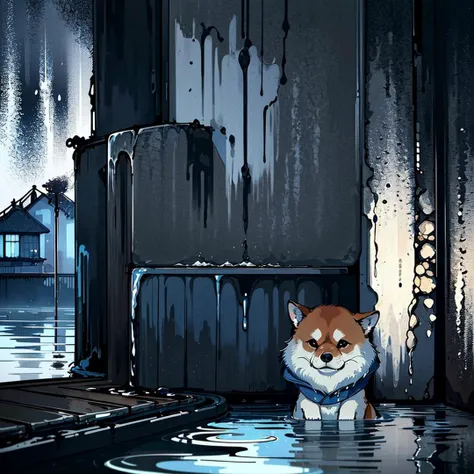 analog style, (1 Shiba Inu wearing a raincoat in flooded house),
(sad), rain,
sitting on chair near table,
(Sink water pipe burst:1.1), (burnt black house:1.5),
Highly Detailed, (Ultrarealistic:1.3), (Blue hue:1.3),