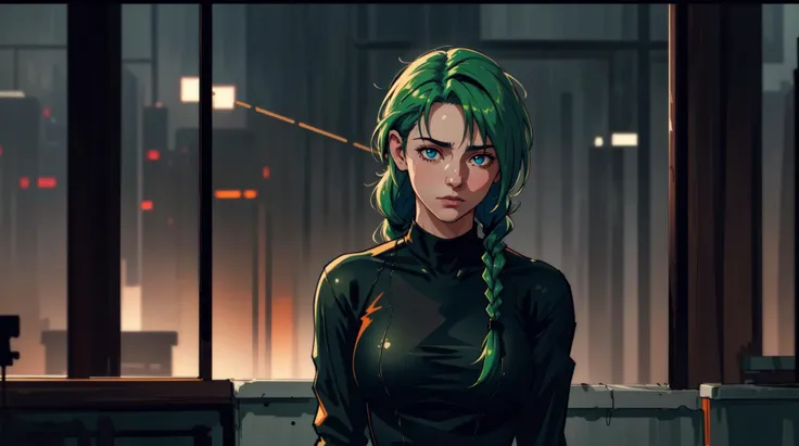soldier,cargo pants ,(1girl:1.2),perfect  eyes,green hair braid, ([black  undersuit | long-sleeve T-shirt:0.5] :1.3),(depth),(movement:1.3),epic scene,(hyperdefined),,blurry background ,volumetric lighting,Canon50,Cinematic,  colorful, highly detailed, high resolution, ray tracing reflections, dramatic lighting, 8k vibrant colors, detailed acrylic, intricate complexity, soft natural volumetric cinematic perfect light,gloomy, moody, ultra realistic, ultra detailed, photorealistic, (foggy background, epic realistic, rutkowski, hdr, intricate details, hyperdetailed, cinematic, rim light),sfw,(thin-lines),(fine-details:1.3),RAW-format,emotional,(muted-colors),(inked original-art:1.2), (lineart:1.31),small boobs