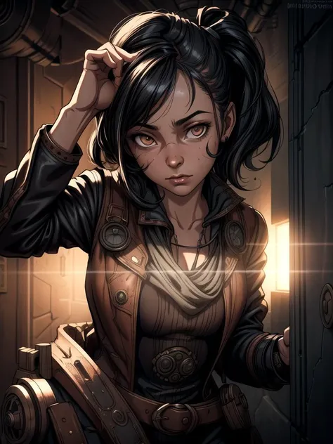 portrait of [ squat girl | squat (cat:1.5) ], hiding, dark doorway, steampunk, alternate universe, dynamic light, swirls, dust, fog, detailed, 3d, 4K, RAW
 <lora:add_detail:1>