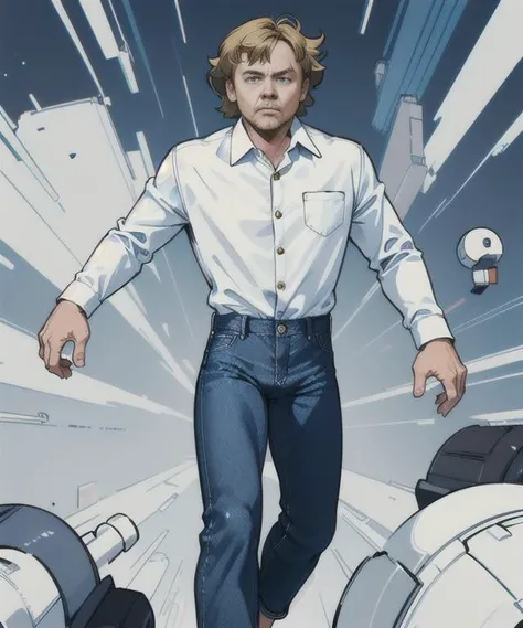 (inked original-art:1.2),(lineart:1.31),(depth),dramatic,cinematic-composition,(hyperdefined),(thin-lines),(fine-details:1.3),RAW-format,perfect-anatomy,(limited-palette),
((((mark hamill)))), (((thirty eight years old))), blond hair, blue eyes, scruffy beard, ((((white long sleeve button-up dress shirt)))), ((((white shirt)))), left shirt pocket, ((((dark blue jeans)))), athletic shoes, slightly-overweight
