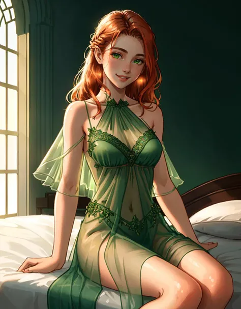 Intricate, Beautiful 18 year old woman, sheer dress, sexy smile, rosy cheeks, on bed, green dress, ginger, grass, hard lighting, light rays, side lighting,