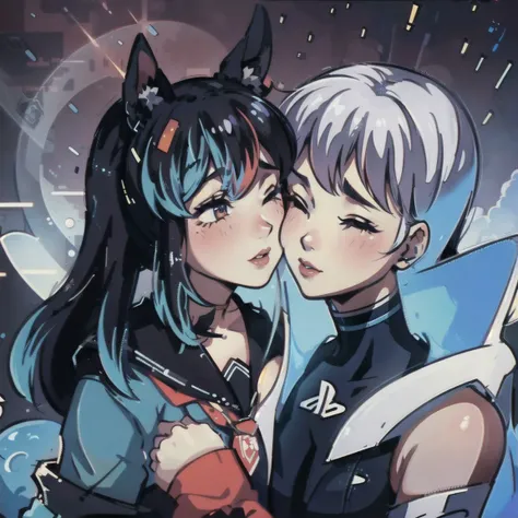 grainy, masterpiece, detailed, 2 girls kissing, extremely detailed,