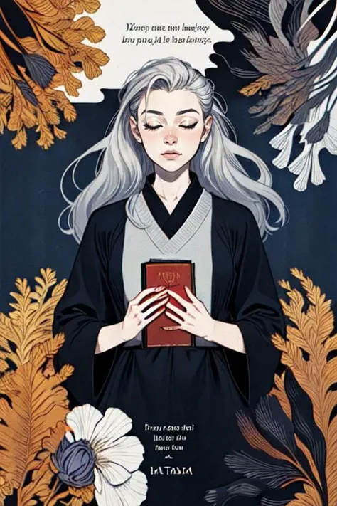realistic, (best quality, masterpiece:1.3),book cover design,english text,
1girl,solo, silver hair, bright pupils, hair slicked back, long hair, black shirt, expressionless, closed eyes,
abstract background, flower, blue rose, katana, fantasy,
<lora:ertongchahua:0.6>