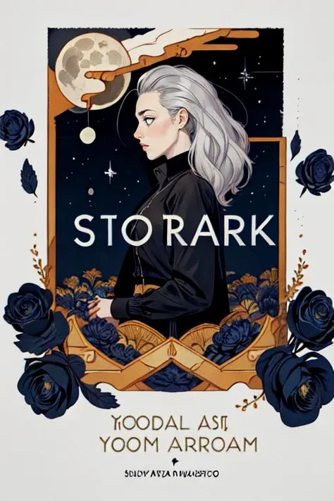 realistic, (best quality, masterpiece:1.3),book cover design,english text,
1girl,solo, profile,silver hair, bright pupils, hair slicked back, long hair, black shirt, expressionless, 
abstract background , blue rose,moon,starry sky, 
 <lora:ertongchahua:0.6>