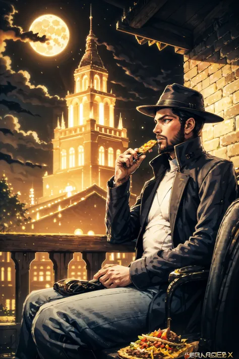 (masterpiece, top quality, best quality, official art, detailed:1.2),<lora:adam_jensen:0.7>, jensenDX, wearing fedora, sitting, looking away, trench coat, eating taco, night, moon, (landscape:1.2), from side