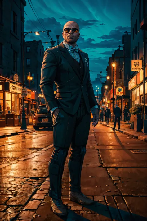 (masterpiece, top quality, best quality, official art, detailed:1.2), <lora:letho:0.7>, letho_soul3142, bald, (tuxedo:1.2), bowtie, sunglasses, standing, street, lights, city, from side, night