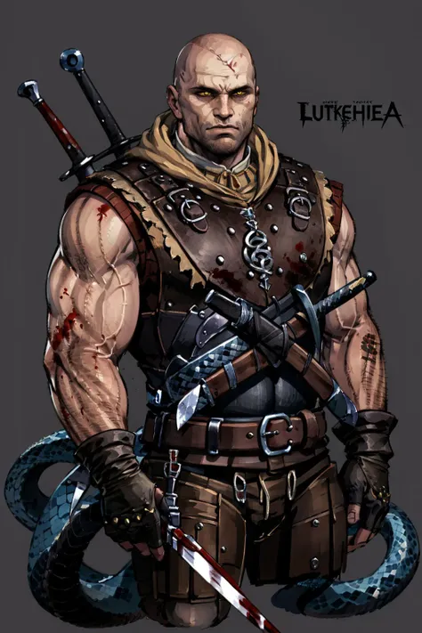 (masterpiece, top quality, best quality, official art, detailed:1.2), <lora:letho:0.7>, letho_soul3142, holding, yellow eyes, weapon, male focus, vest, medallion, sleeveless, belt, sword, holding weapon, blood, muscular, scar on face, knife, colored sclera, snake, black sclera, bald, blood on weapon