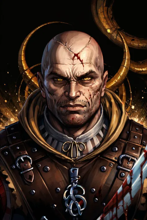 (masterpiece, top quality, best quality, official art, detailed:1.2), <lora:letho:0.7>, letho_soul3142, yellow eyes, vest, medallion, blood, facial hair, scar on face, knife, colored sclera, black sclera, bald