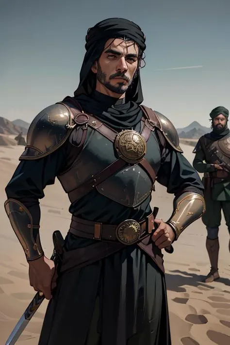 1man, solo, photography, portrait of arabarmor man with group of army in dune, shield, sword, realistic, absurdes, detailed,  <lora:ARWArabArmor:1>